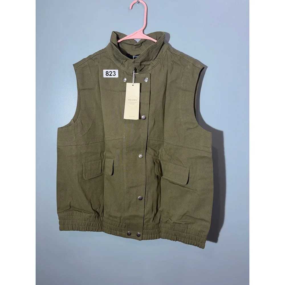 Dokotoo Womens Utility Vest Olive Green Snap Front Pocketed Sleeveless Jacket XL